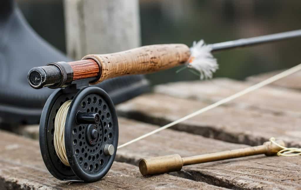 fly fishing rod on dock