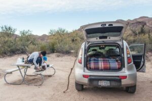 kia soul car camping in desert